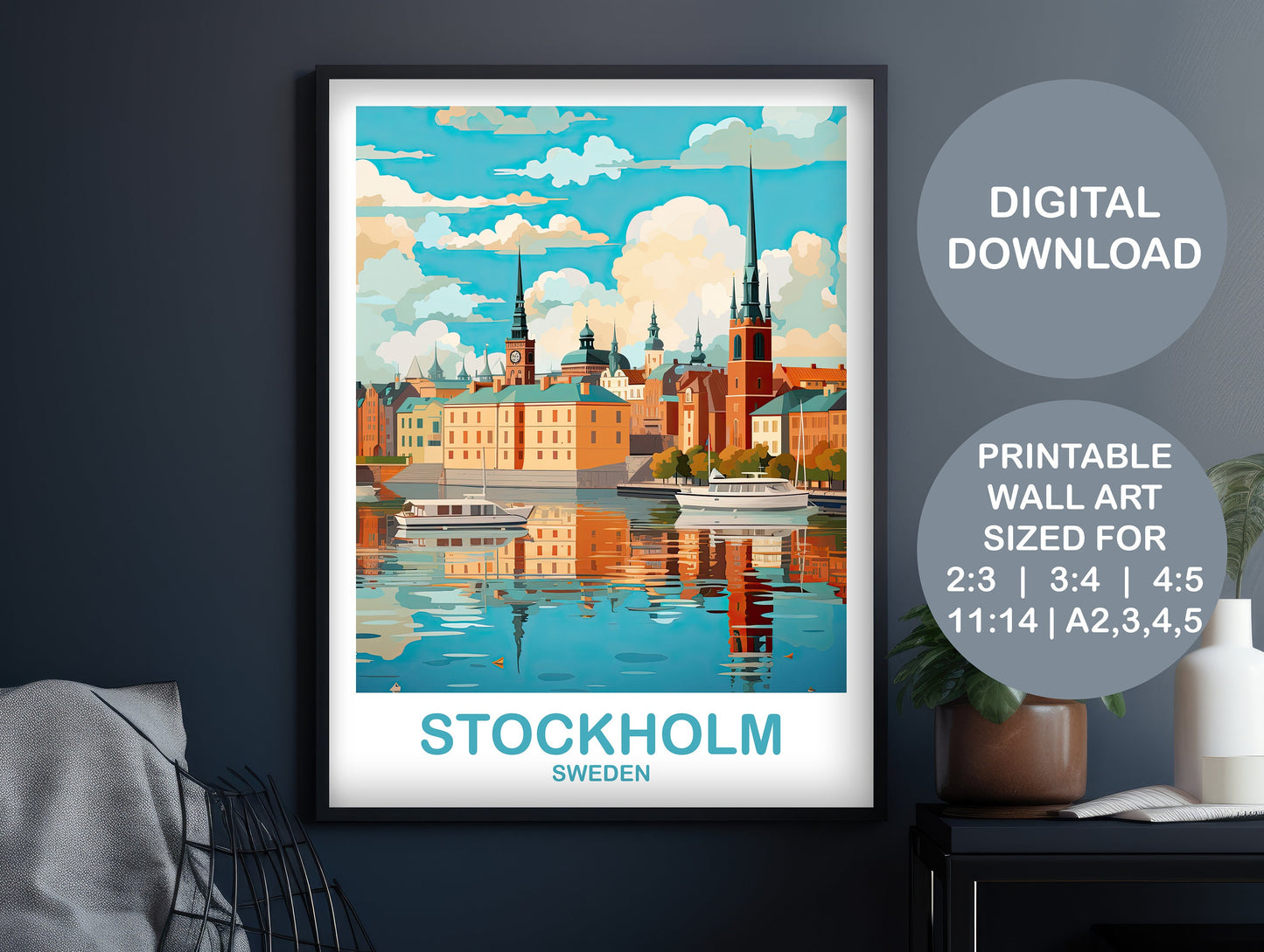 Stockholm Sweden Travel Art, Printable Stockholm Wall Art, Sweden Wall Art, Downloadable Stockholm Sweden, Travel Art | DT2EU_SWEST1