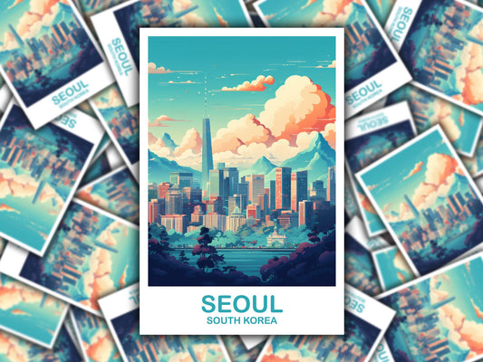 Seoul Korea Travel Sticker, Seoul Skyline, Korea Sticker, Seoul Sticker, Suitcase Sticker, Seoul Travel Art, Travel Sticker | T2AS_SKSE1_S