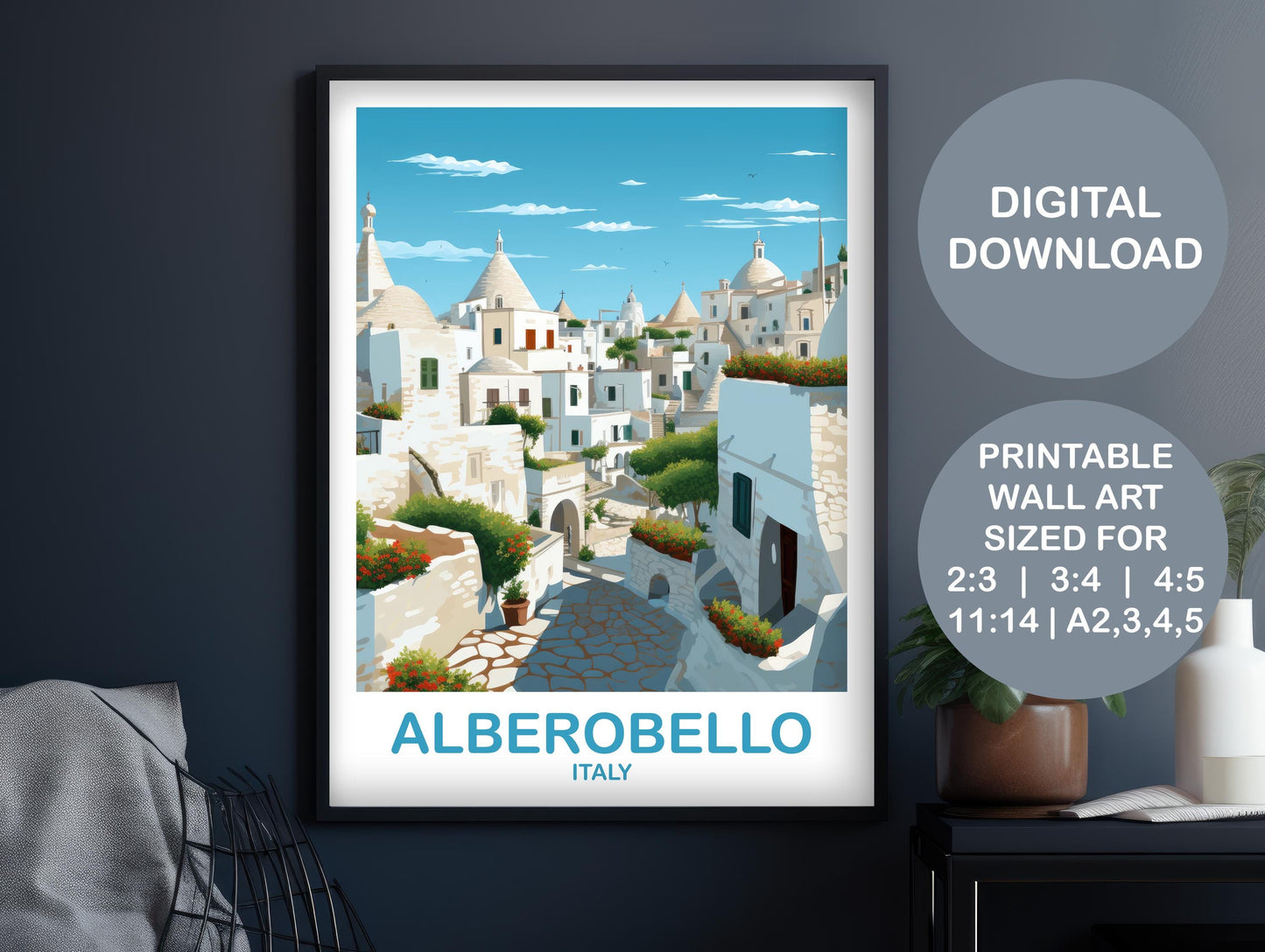 Alberobello Italy Travel Poster, Italy Art, Printable Alberobello Italy, Digital Alberobello Wall Art, Digital Travel Art | DT2EU_ITAL1