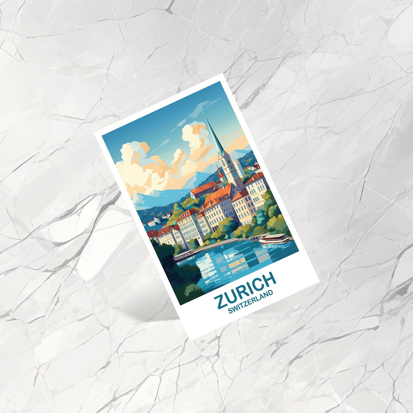Zurich Travel Postcard Art, Zurich Switzerland Postcard Art, Switzerland Art Postcard, City Skyline Sunset Art | T2EU_SWZU1_P