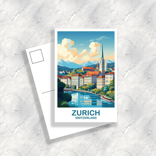 Zurich Travel Postcard Art, Zurich Switzerland Postcard Art, Switzerland Art Postcard, City Skyline Sunset Art | T2EU_SWZU1_P