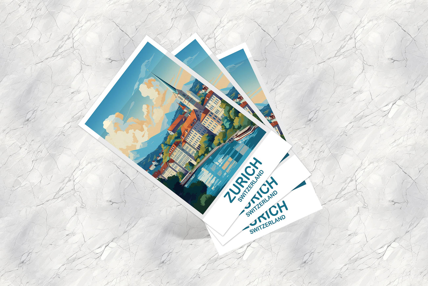 Zurich Travel Postcard Art, Zurich Switzerland Postcard Art, Switzerland Art Postcard, City Skyline Sunset Art | T2EU_SWZU1_P