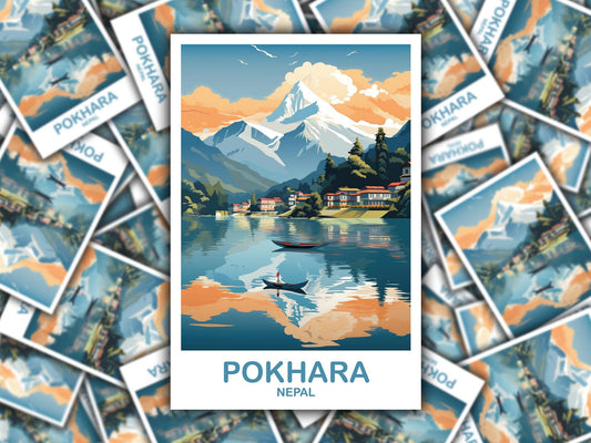Pokhara Nepal Travel Sticker, Pokhara Sticker, Travel Card, Landscape Travel Sticker, Asia Travel Sticker, Asia Travel Art | T2AS_NEPO1_S