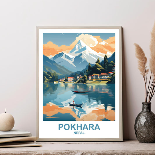 Pokhara Nepal Travel Poster Art, Pokhara Travel Art, Art, City Skyline Poster Art, Poster Nepal Art, Asia Travel Art | T2AS_NEPO1