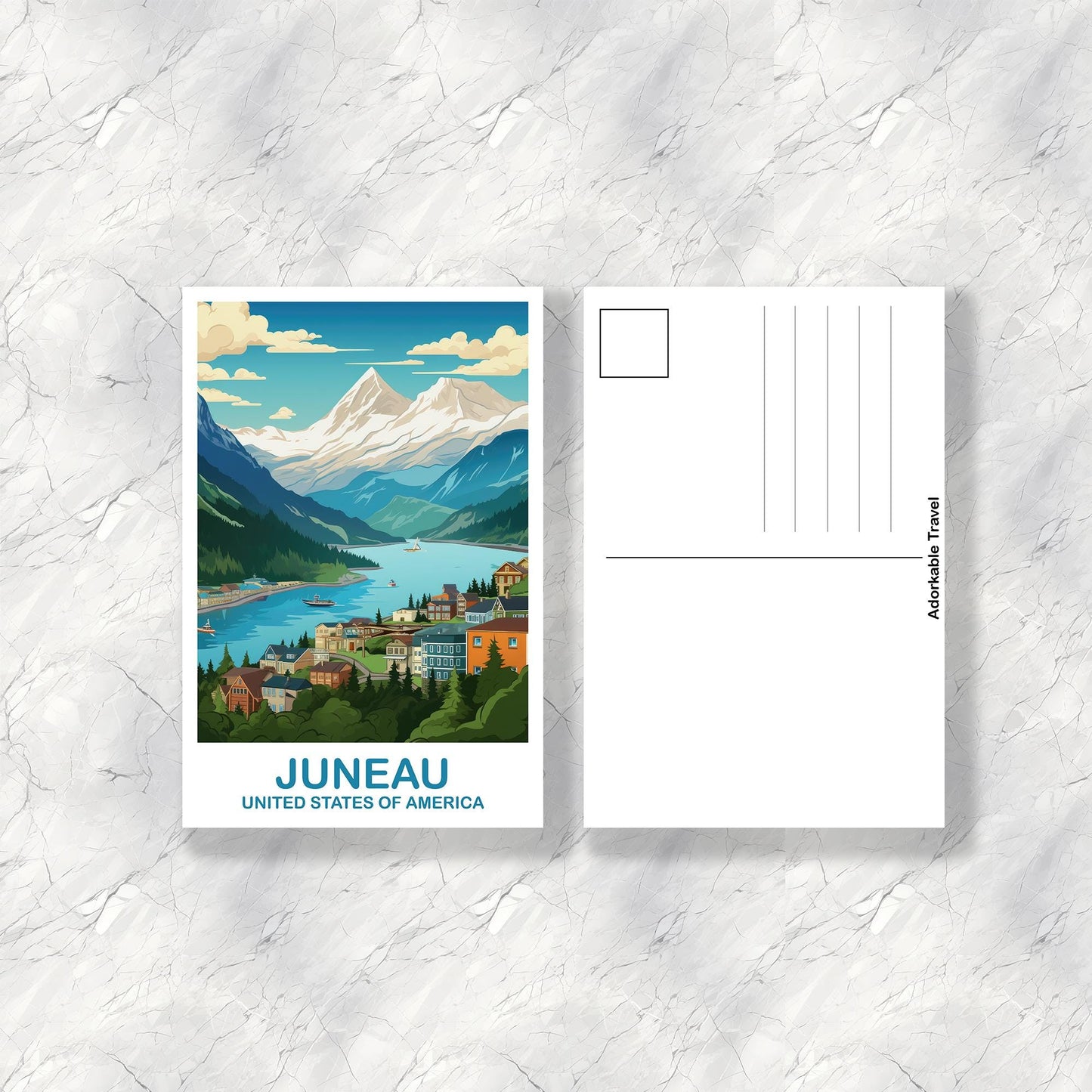 Juneau Alaska Travel Postcard, Juneau Alaska Postcard, Alaska Travel Art, Alaska Postcard, Juneau Art, Travel Postcard | T2NA_ALJU1_P