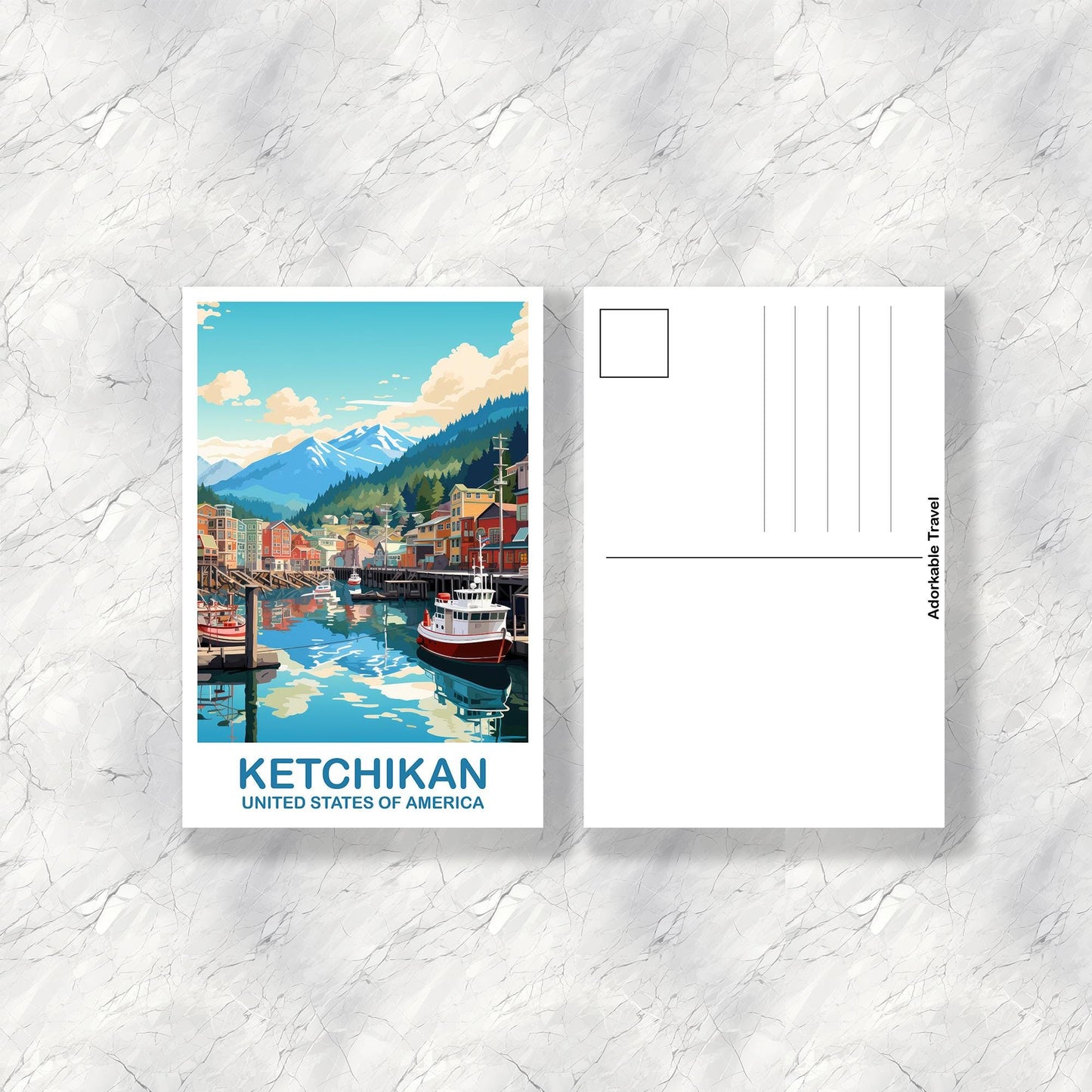 Ketchikan Alaska Travel Postcard, Ketchikan Postcard, Alaska Travel Art, Alaska Postcard, Ketchikan Art, Travel Postcard | T2NA_ALKE1_P