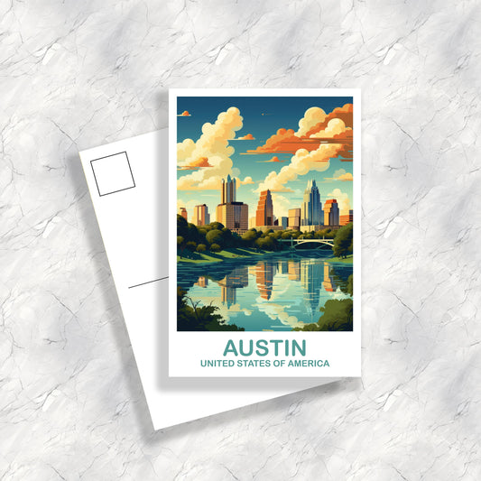 Austin Texas Travel Postcard, Austin Postcard Art, Texas Postcard Art, Austin Texas Postcard, Travel Postcard, USA Postcard | T2NA_TEAU1_P